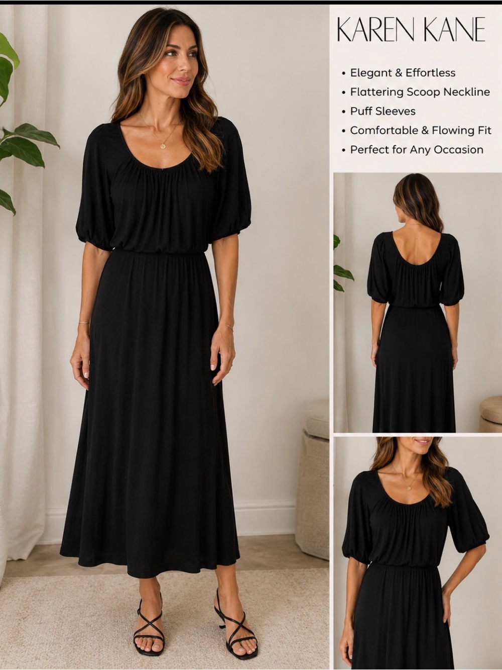 Karen Kane Black Maxi Dress with Puff Sleeves